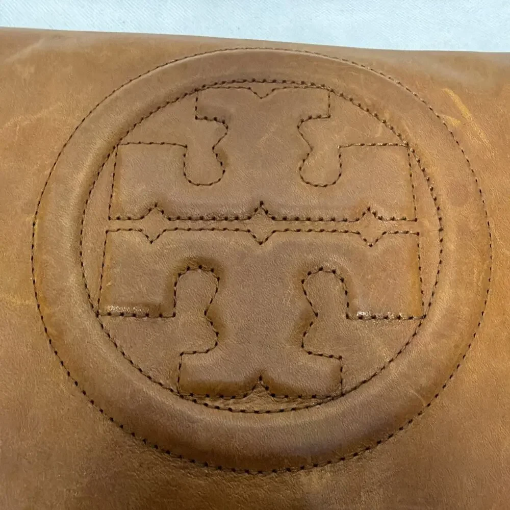 Tory Burch Reva Clutch Bag Cognac Bombe Leather Gold Chain Shoulder Purse